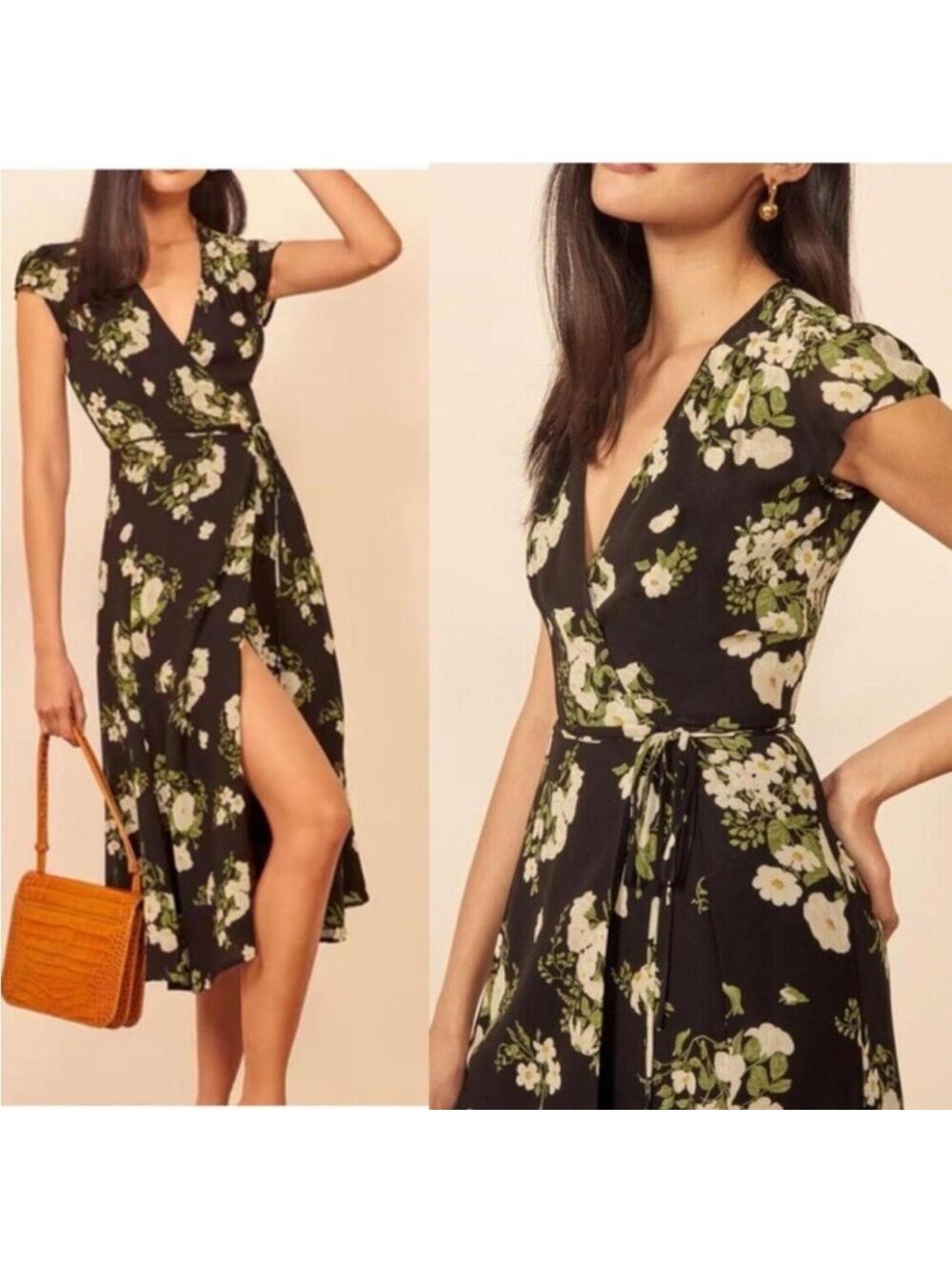New, Reformation Carina Wrap Dress - Black multi Sz XL #LD0277